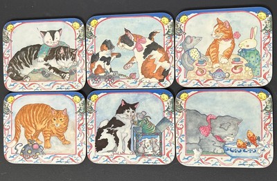 VTG Coasters “ Feline Fantasies” Design Imports 1989 Cat Mouse Rabbit set Of 6-image