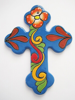 Southwestern Design Handpainted Ceramic Royal Talavera Cross Lg 11 1/4 inch-image