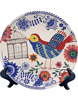 Pier 1 Imports Multicolor Bird with Cage Flowers Luncheon Plate 9