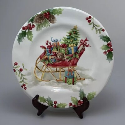 Pier 1 Winter Wonders Salad Plate Christmas Sleigh Gifts Holly 8.75” Retired-image