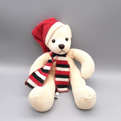 PIER 1 Imports Corduroy Santa Teddy Bear Stuffed Animal Striped Scarf Red Plush-image