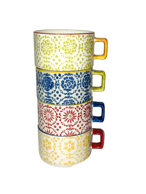 Pier 1 Imports Boho Stacking Coffee Tea Mugs Hand Painted Stoneware N331-image