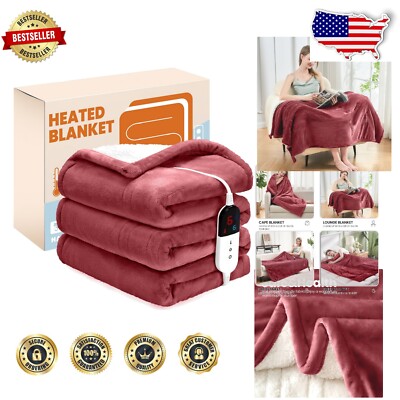 Cozy Wine Red Heated Blanket with Flannel & Sherpa - 4H Auto Shut-off, 50