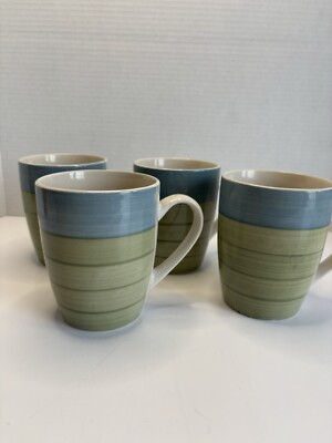 Set Of 4 Pier 1 Imports Blue/ Green Coffee Mugs Cups Stripes -image