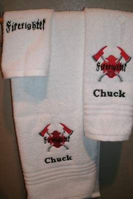 Firefighter Fireman Ax  Personalized 3 Piece Bath Towel Set Red Line-image