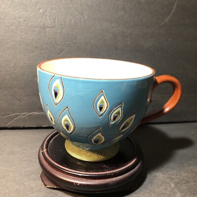 Pier 1 Imports Coffee Mug Tea Cup Dolomite Peacock Hand Painted Footed 3.5” Tall-image
