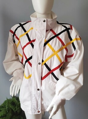 Vintage London Fog White W/ Red, Yellow & Black Stripes Rain Wind Jacket Medium -image