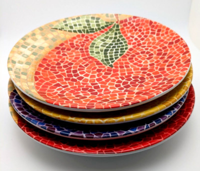 Pier 1 Fruit Mosaic Look Salad or Dessert Plates Apple Orange Plum Pear 4 Pieces-image