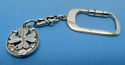 VINTAGE SOLID SILVER LUCKY CLOVER & HORSESHOE DESIGN KEYRING B'HAM IMPORT BY CME-image