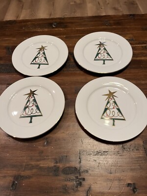 Set Of 8 -Pier 1 One Christmas Tree Porcelain Salad Dessert Plates Green/Red EUC-image