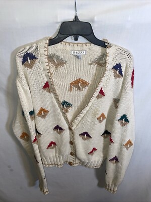 Baszio Womens Knit Cardigan Sz Medium Beige Geometric Comfort Cozy Collar Break-image
