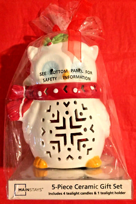 CHRISTMAS OWL~ Ceramic Tealight~ 5-Piece ~GIFT SET~5.5