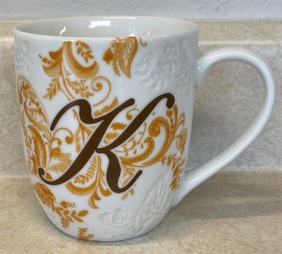 Pier 1  AVA Monogramed Initial “K” Mug Scroll Leaves Embossed Design Pattern-image