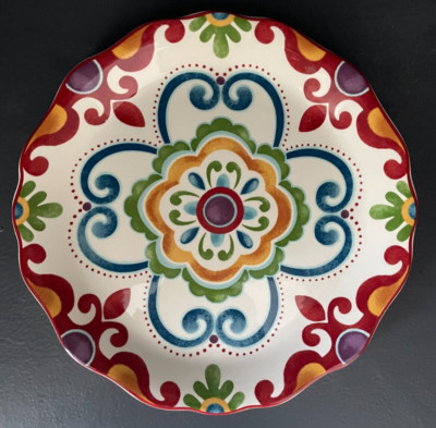 Pier 1 Imports “Global Medallion” 9” Salad Plate, Red Blue Green Boho Ironstone-image