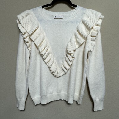 Women's The Impeccable Pig Cream Ruffled Sweater Size L Minimalist Cozy Comfort-image