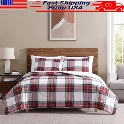 Red Tartain Plaid 3-Piece Adult Flannel/Sherpa Comforter Set Full/Queen Size-image
