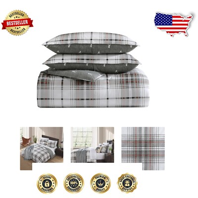 Cozy Reversible Plaid King Comforter Set - 100% Cotton Bedding, Machine Washable-image