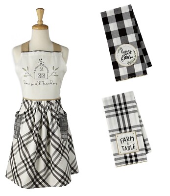 DII Design Imports Farmhouse Apron and Dish Towel Set 3 Pc Kitchen Home Gift-image