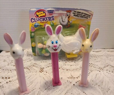 Lot Of 3 Vtg Easter BunnyPez Dispensers + 1 Hunba Bubba Clucker Wind Up Chicken-image