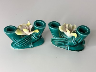 Vintage Enesco Imports Bamboo & Lotus Japanese Twin Porcelain Candlestick Holder-image