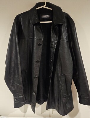 Structure Black Heavy Leather Coat Men ‘L’ 5 Button 3 Pocket Jacket Vintage-image