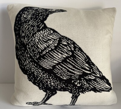 Raven Crow Bird Black Cream Decorative Knit Pillow  Edgar Allan Poe 18x18” EUC-image