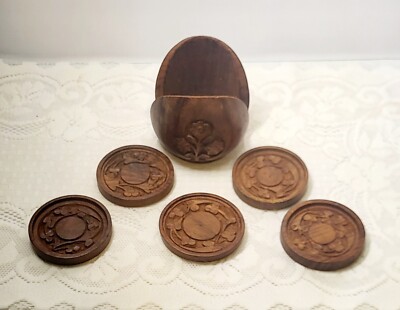 Vtg Pier 1 Wooden Coasters Handcarved Set Of 5 & Holder Floral Design Missing 1-image