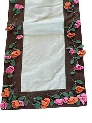 Pier 1 Imports Table Runner Jardinia 14” X 69” 3D Fabric Flowers Brown Tan Wool-image