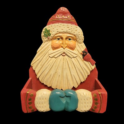 Vintage Winter Wind FolkArts Hand Carved Retro Santa Christmas Card Holder-image