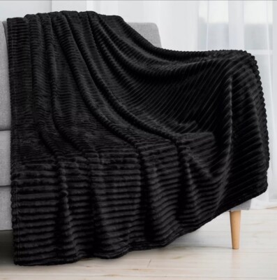 Flannel Solid Black Blanket-Stripe,3D Ribbed Jacquard Design QUEEN SIZE Warm-image