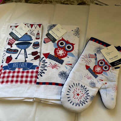 4th of July Dish Towels Oven Mitt Red White Blue Fireworks Owls BBQ Patriotic -image
