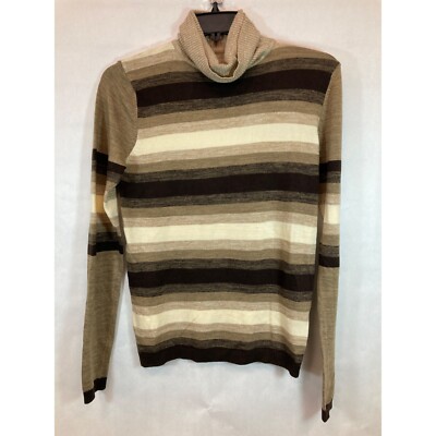 Chic Knit Elegance: Med Beige Striped Women's  Turtleneck Sweater - Cozy Comfort-image