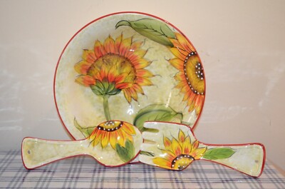 Set of 3 European Design by J&S Imports Serving Bowl & Spoon Rest Italy Ceramic-image