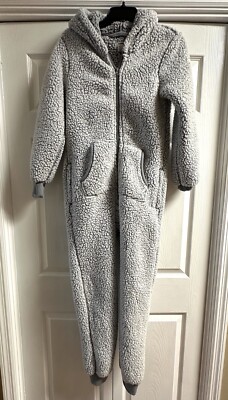 Victorias Secret PINK S Gray Sherpa Hooded Long Jane Romper One Piece Pajamas-image