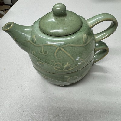 Pier 1 Tea One 3 Pc. Stoneware Teapot & Cup Set Raised Design Sage Green.-image