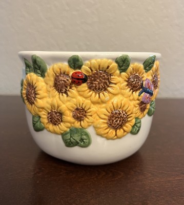 Vintage AAA Imports Ceramic 6” Planter White Sunflower Ladybug Butterfly Design-image