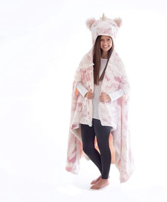 White/Pink Unicorn Cozy Hooded Plush Wrap Blanket Women Owned CO Reversible NEW-image