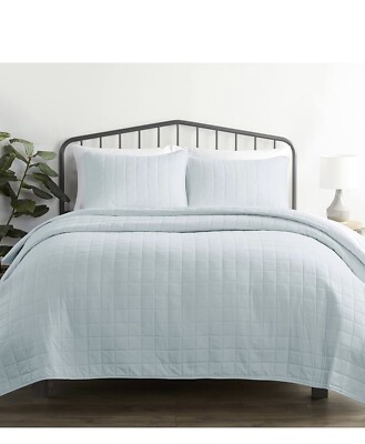 Linen Market Square Pattern Quilted Coverlet Set, Twin, Pale Blue-image