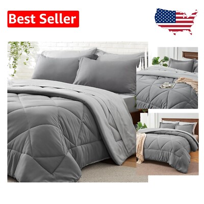 Modern 7-Piece King Comforter Set - Reversible Grey Bedding for Cozy Nights-image