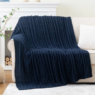 Navy Blue Throw Blanket, Cozy Woven Chenille Cable Knit Throw,Blue Blanket-image