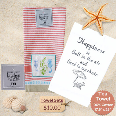 New Ocean/Beach Themed Kitchen Towel Set (2) Happiness is... Gift-FREE Shipping!-image