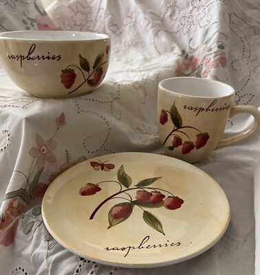 Set Of Pier 1 Raspberry Pattern Provence Salad / Dessert Plate, Bowl &Cup / Mug-image