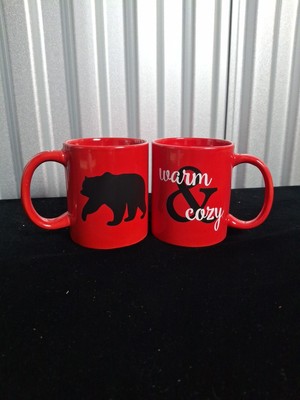 Mambo Moose & Bear Red Coffee Mugs Warm & Cozy, Comfort & Joy -image