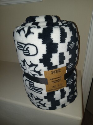 NWT NEW Victoria's Secret Blanket Sherpa Throw 50 x 60 Black White Peace Dog-image