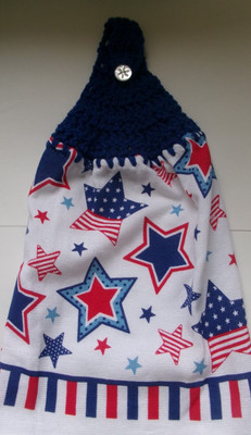 BLUE Yarn  Crochet Top  RED WHITE BLUE STARS Print Cotton Kitchen Dishtowel-image
