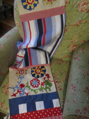Pier One Imports Red Blue Multi Embroidered Floral & striped Table Runner 72x14-image