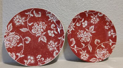 Pier 1 Imports Red & White Floral Batik Luncheon Dessert Plates, 2-image