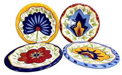 Pier 1 Imports Colorful Earthenware Flower Salad Plates Set of 4 EUC-image