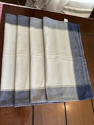 4 Pier 1 Imports Placemats Blue Border 20x20” Off White Denim EUC No Stains-image
