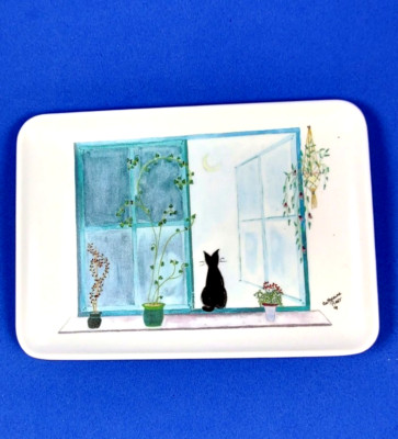 Signed Black Cat in Window Tray by Catherine Piret Made in Italy 6 x 4 inches-image